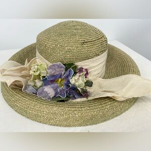 Toucan Straw hat  light green, spray of flowers‎ on raw silk ribbon